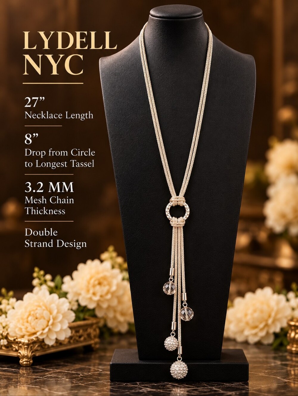 Lydell NYC Silver Tone Mesh Crystal Tassel Lariat Statement Necklace NWT